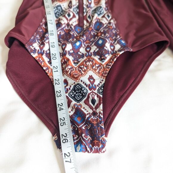 Maroon Patterned Long Sleeve Women's Swim Suit - Picture 9 of 9